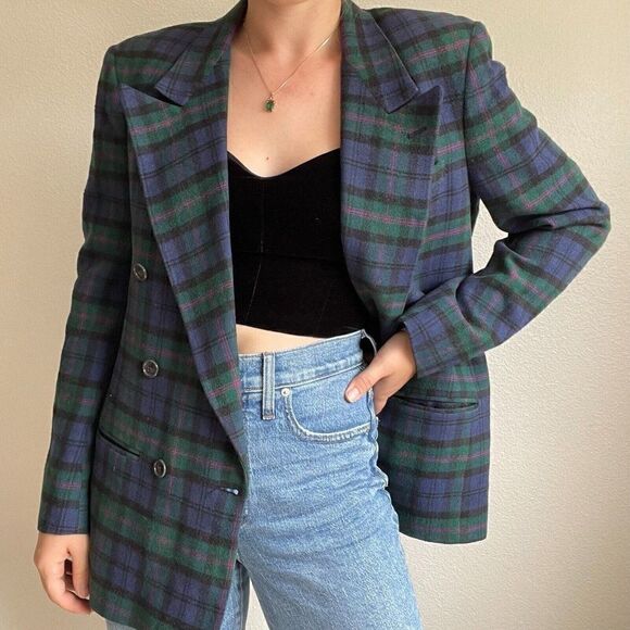 Vintage Womens 80s PBM Purple Green Camel Hair Double Breasted Blazer Plaid Sz M - Picture 11 of 12